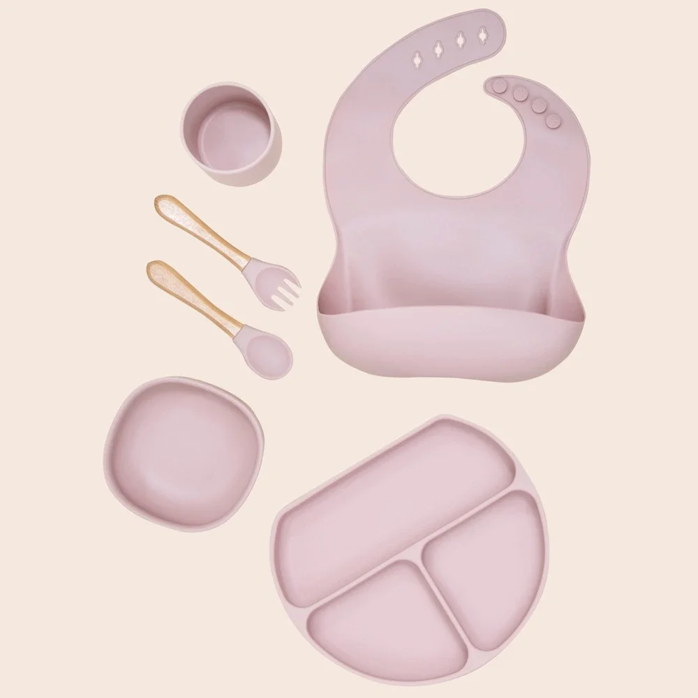 6pc Baby Silicone Feeding Set Suction Plate Bowl Bib Cup Spoon Fork Dusty Rose